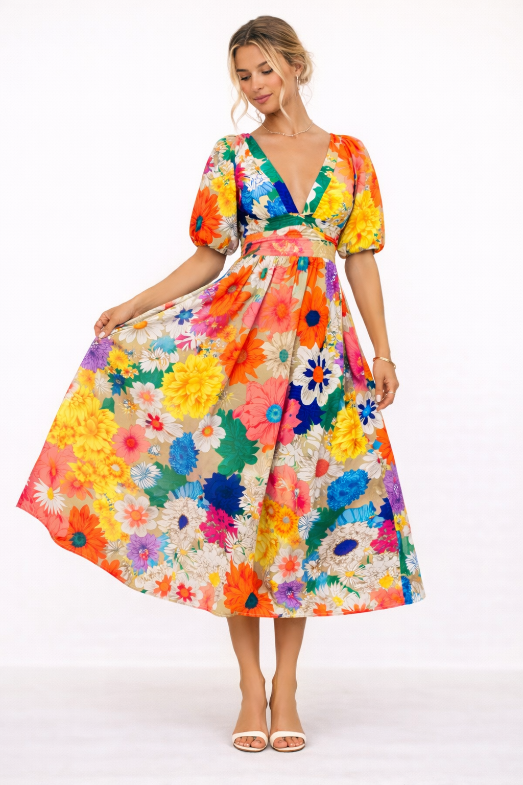 Vestido midi estampado floral escote en V manga corta abullonada - Elviane