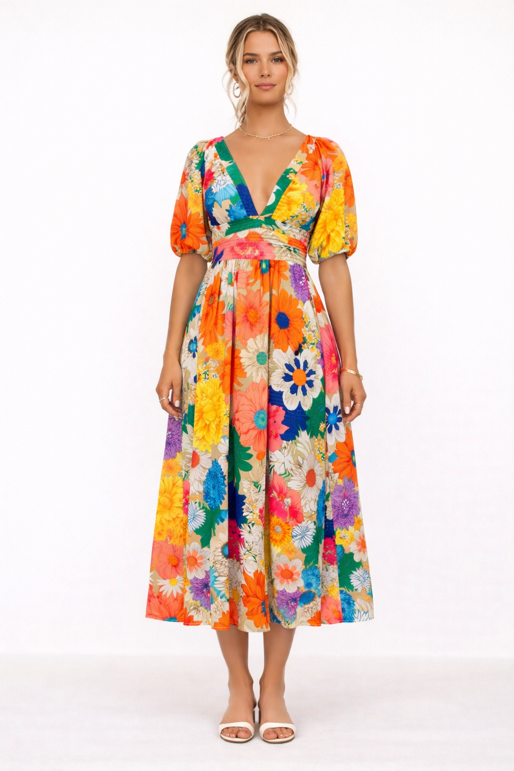 Vestido midi estampado floral escote en V manga corta abullonada - Elviane