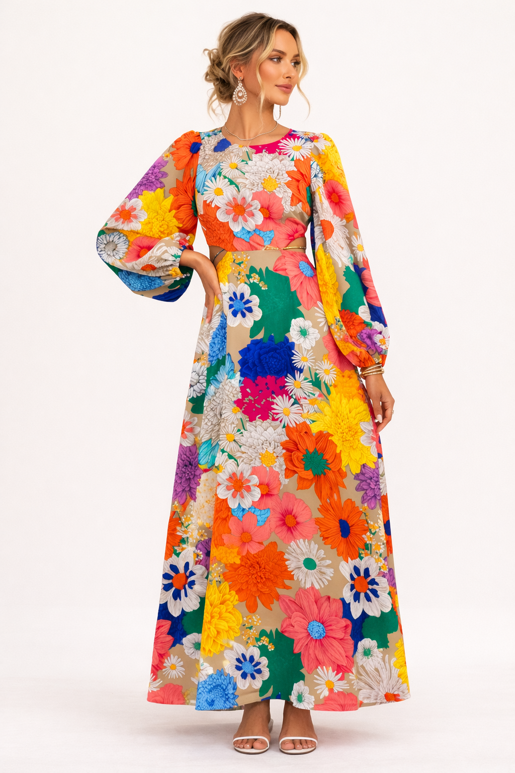 Vestido maxi con estampado floral manga larga abullonada - Orlena