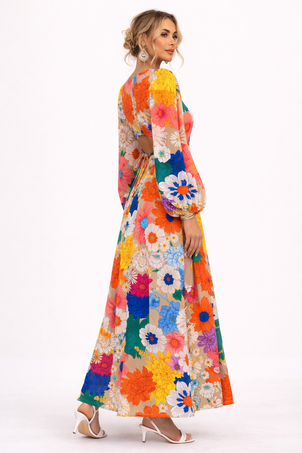 Vestido maxi con estampado floral manga larga abullonada - Orlena