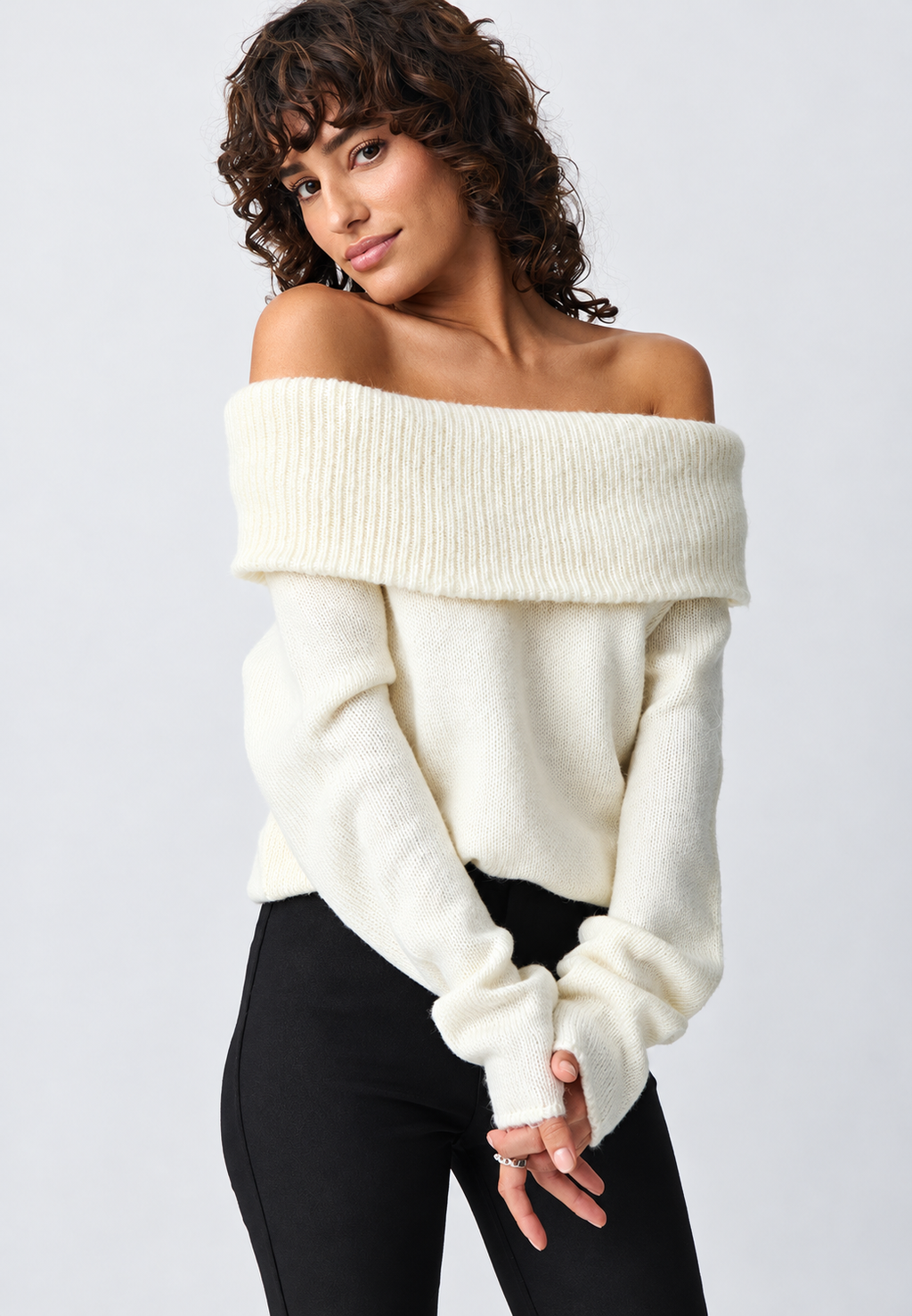 Jersey mujer hombros descubiertos cuello vuelto manga larga - Belisa