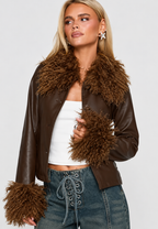 Chaqueta mujer efecto piel corte recto cuello efecto pelo - Vianne