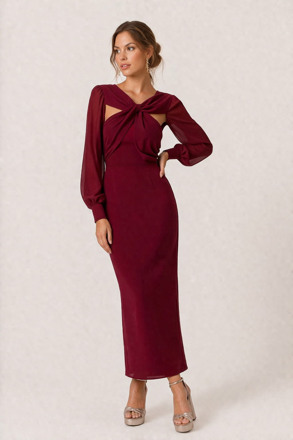 Vestido midi mujer anudado frontal manga larga femenino elegante - Isolde