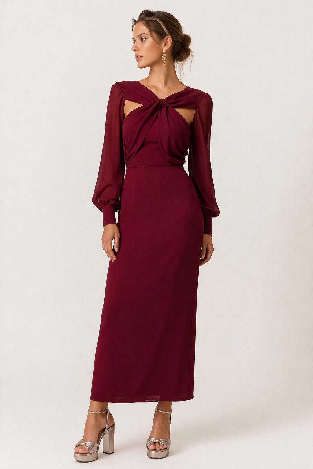 Vestido midi mujer anudado frontal manga larga femenino elegante - Isolde