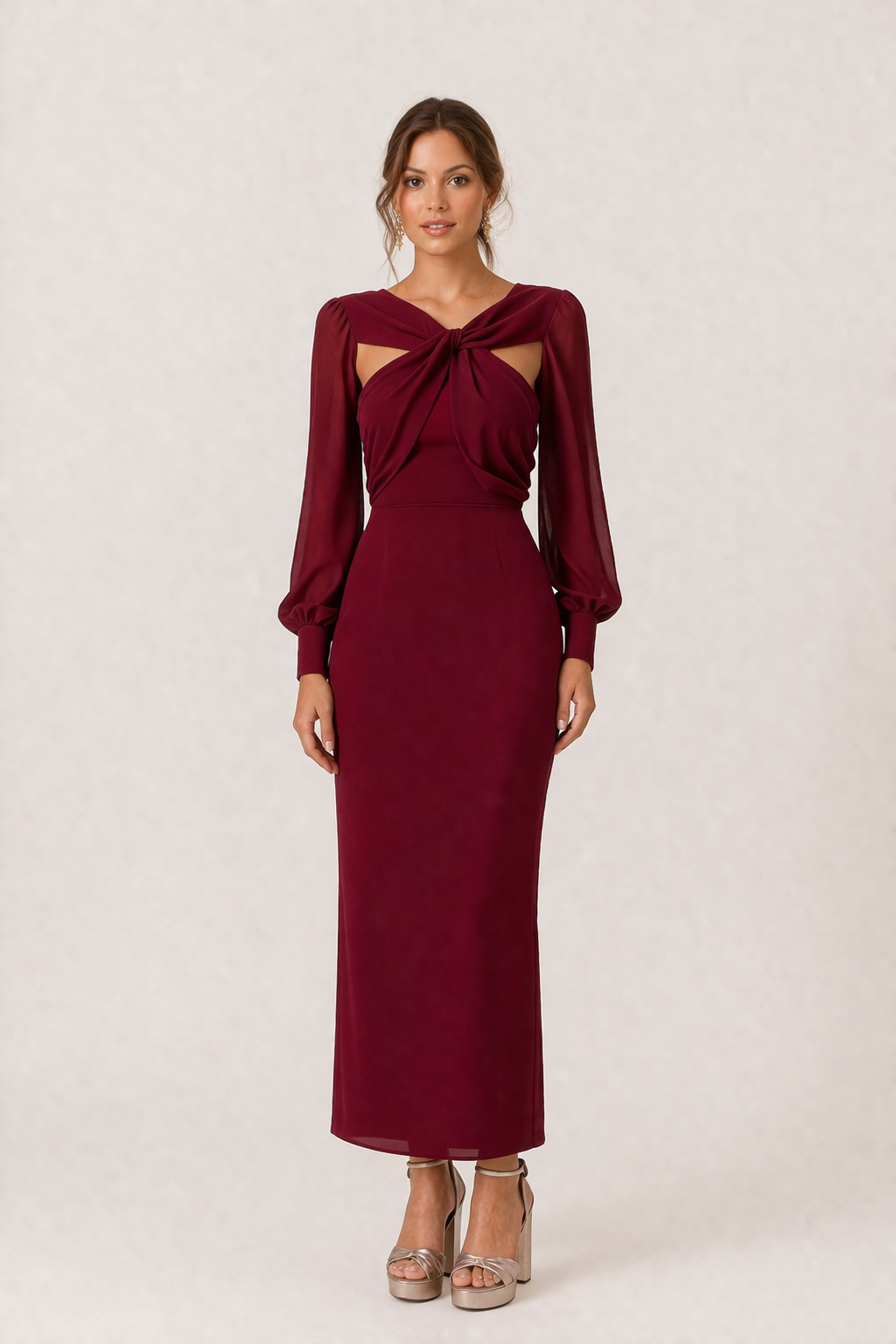 Vestido midi mujer anudado frontal manga larga femenino elegante - Isolde