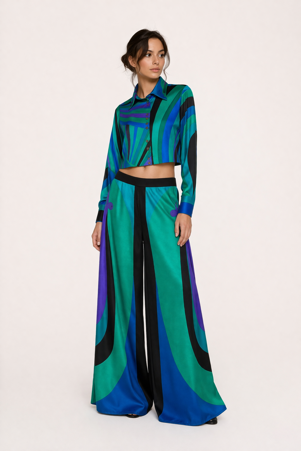 Conjunto mujer top manga larga pantalón ancho estampado elegante - Jenna