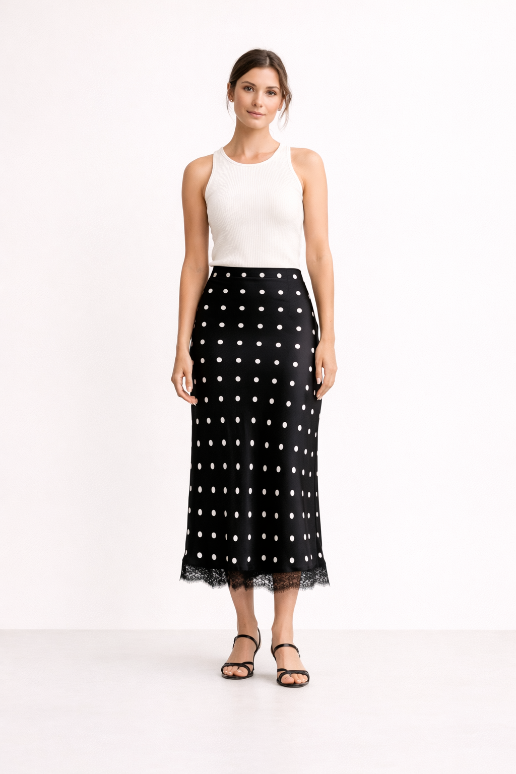 Falda midi mujer estampado lunares detalle encaje estilo elegante - Solenne
