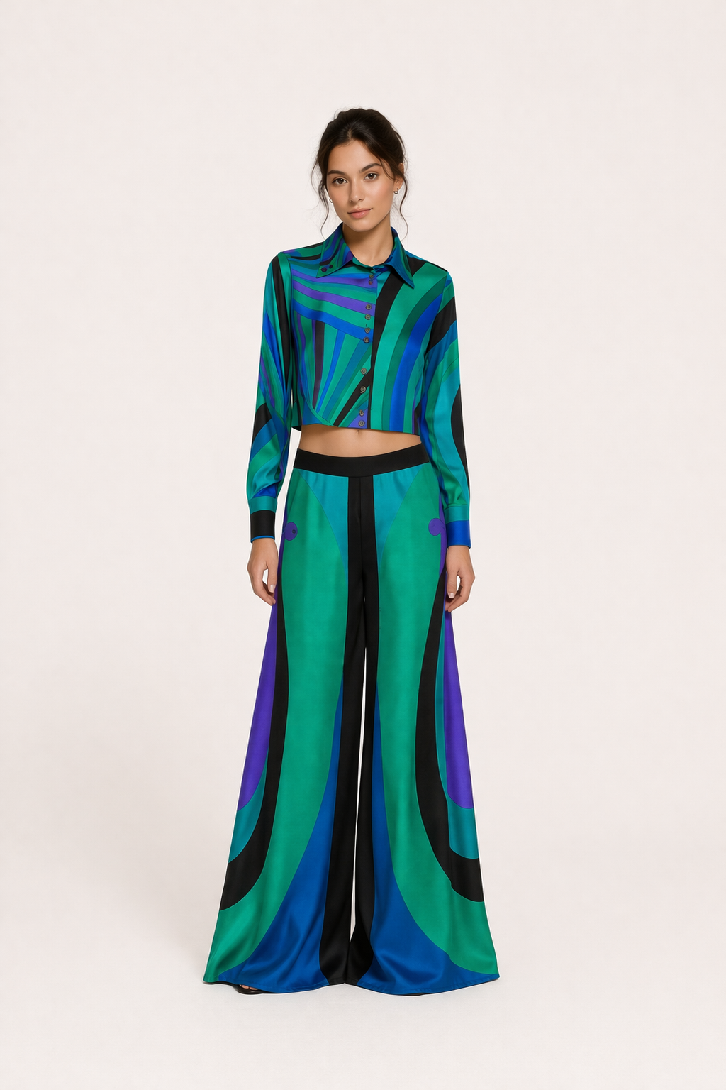 Conjunto mujer top manga larga pantalón ancho estampado elegante - Jenna