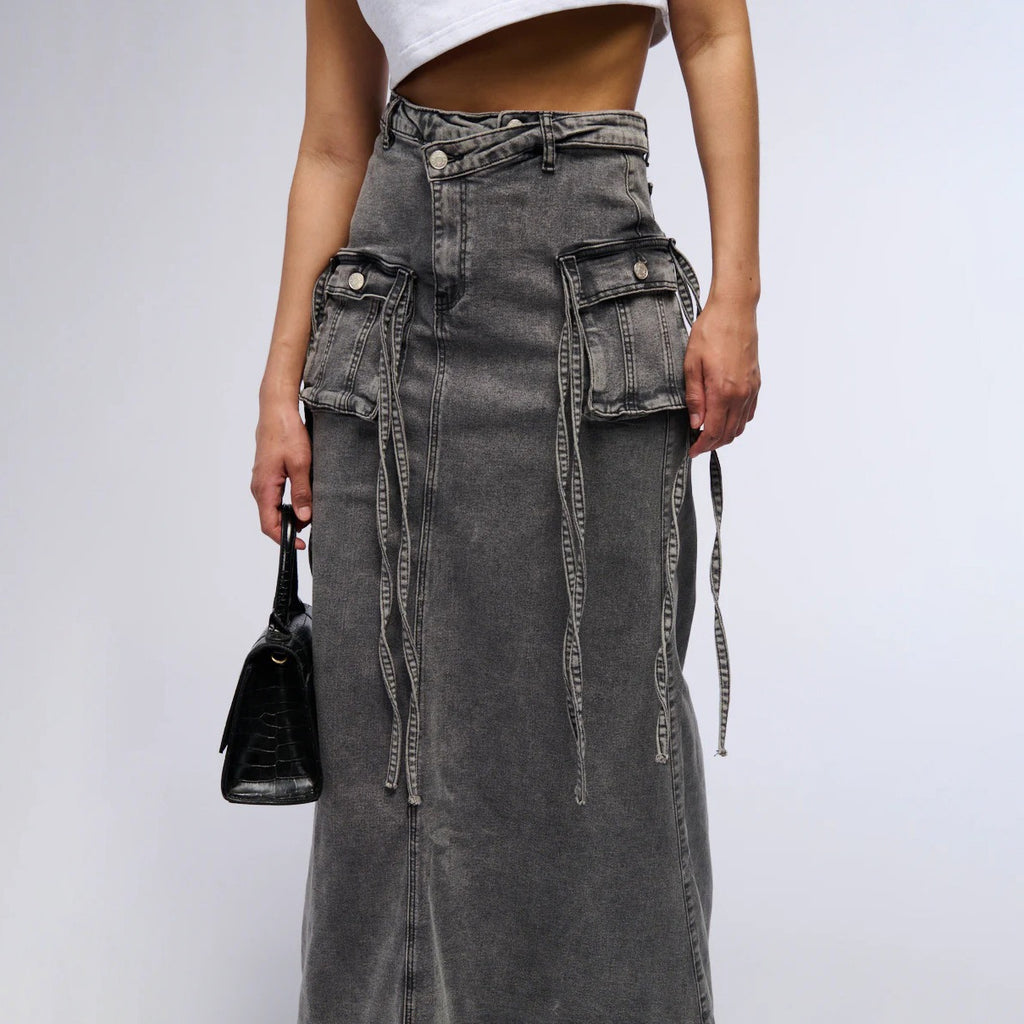 Falda larga mujer denim con bolsillos utilitarios estilo recto - Renata