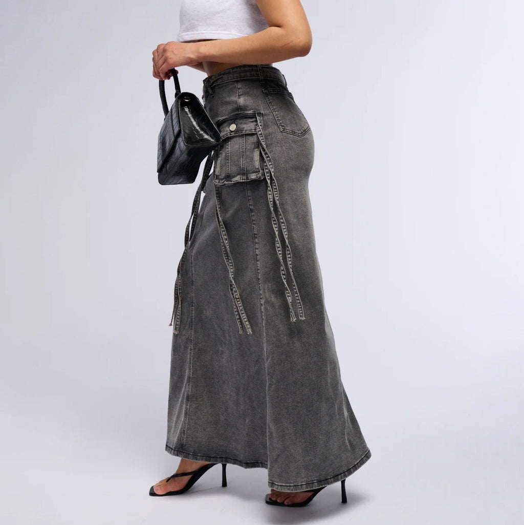 Falda larga mujer denim con bolsillos utilitarios estilo recto - Renata