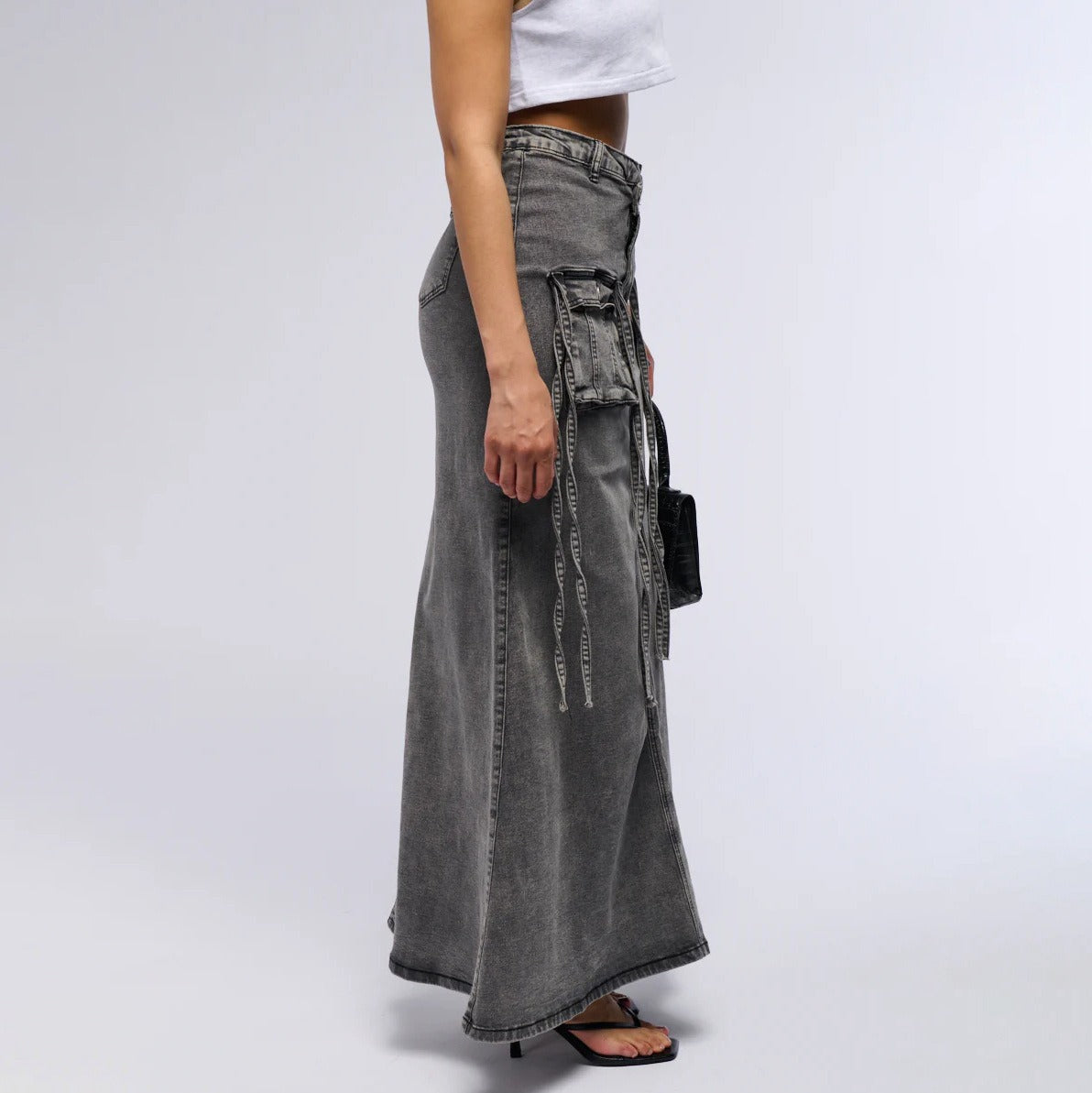 Falda larga mujer denim con bolsillos utilitarios estilo recto - Renata