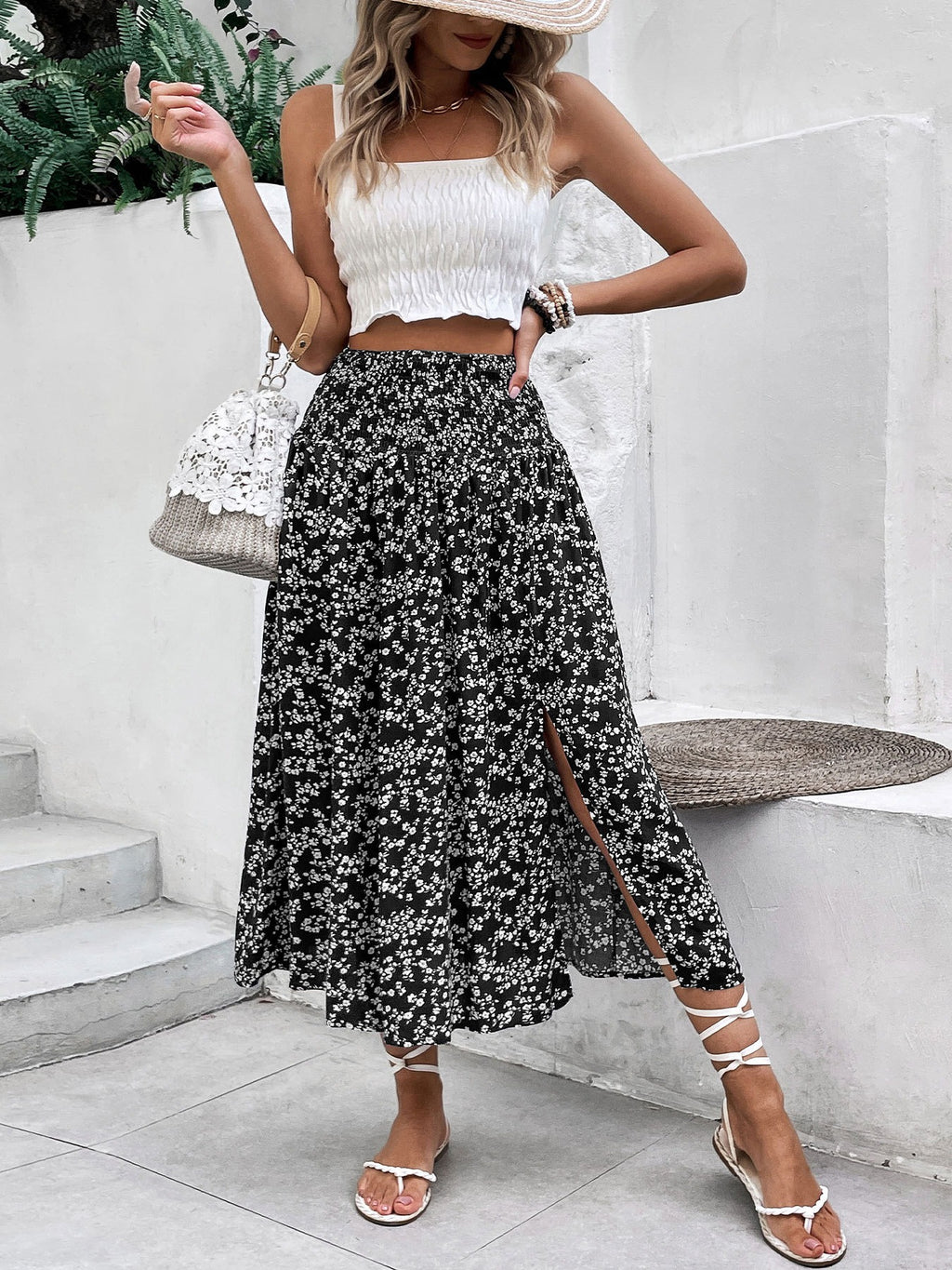 Falda midi mujer estampado floral abertura lateral - Amelia