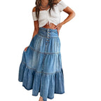Falda larga mujer denim con volantes estilo bohemio - Alaya