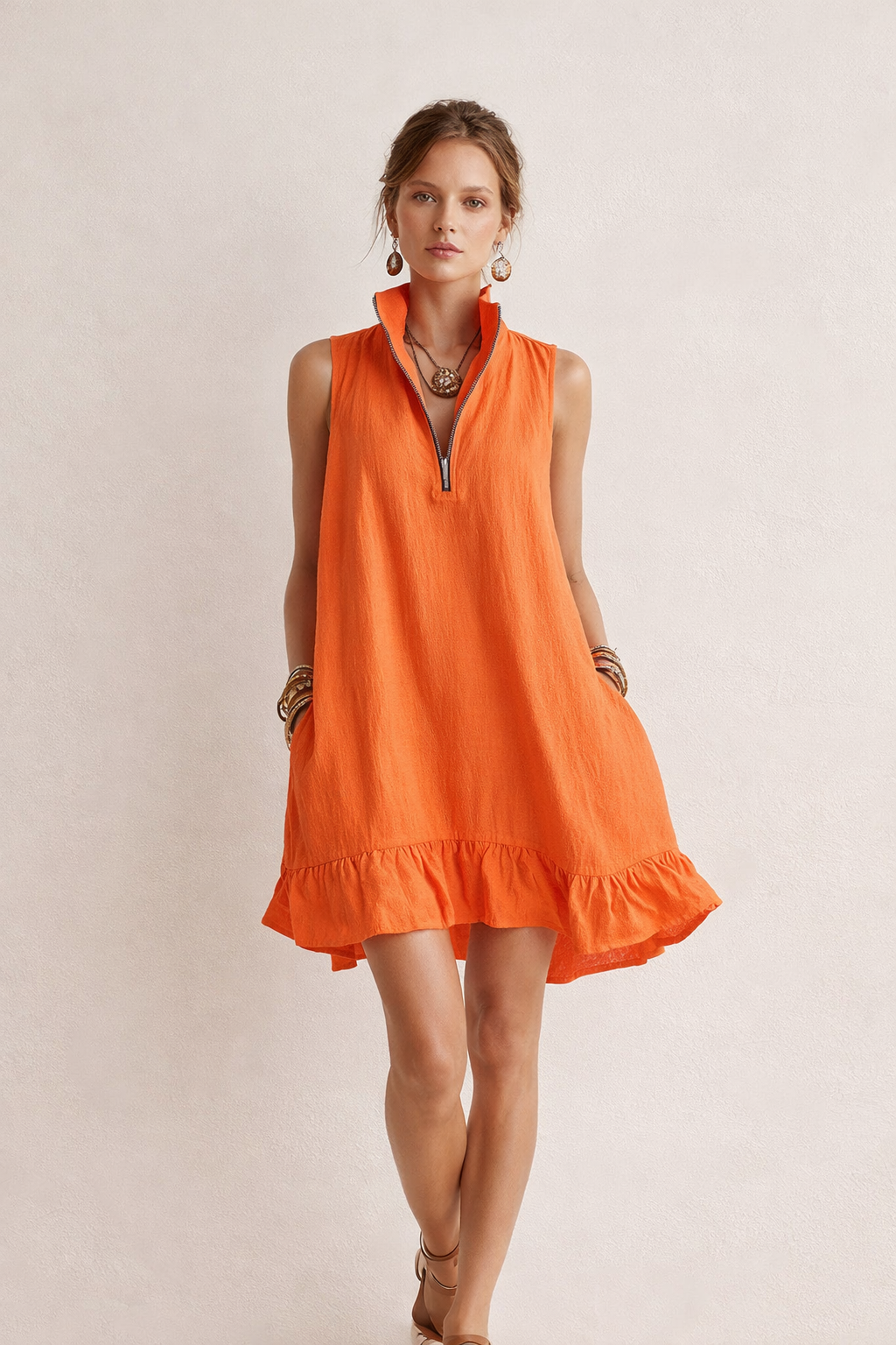 Vestido mujer corto sin mangas cremallera cuello estilo verano casual - Susanna