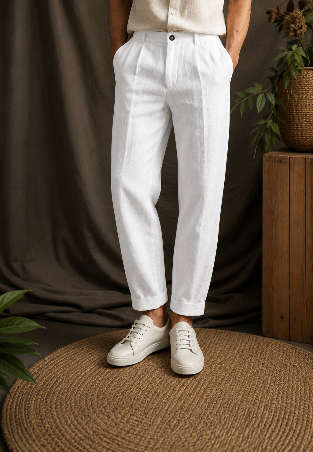 Pantalón hombre lino pinzas corte recto trabillas bolsillos laterales - Rene
