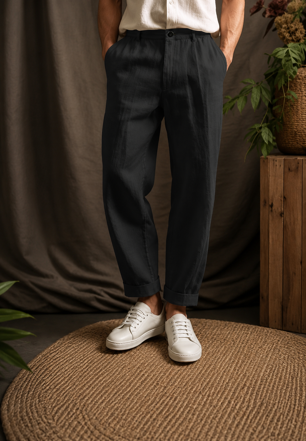 Pantalón hombre lino pinzas corte recto trabillas bolsillos laterales - Rene