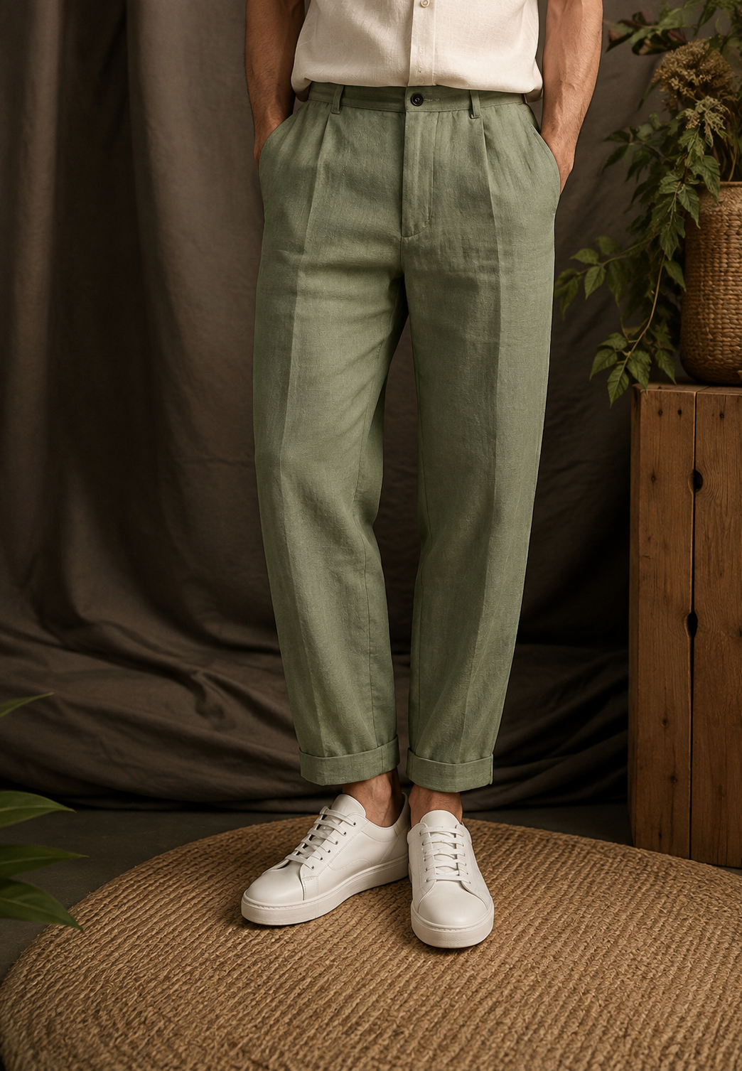 Pantalón hombre lino pinzas corte recto trabillas bolsillos laterales - Rene