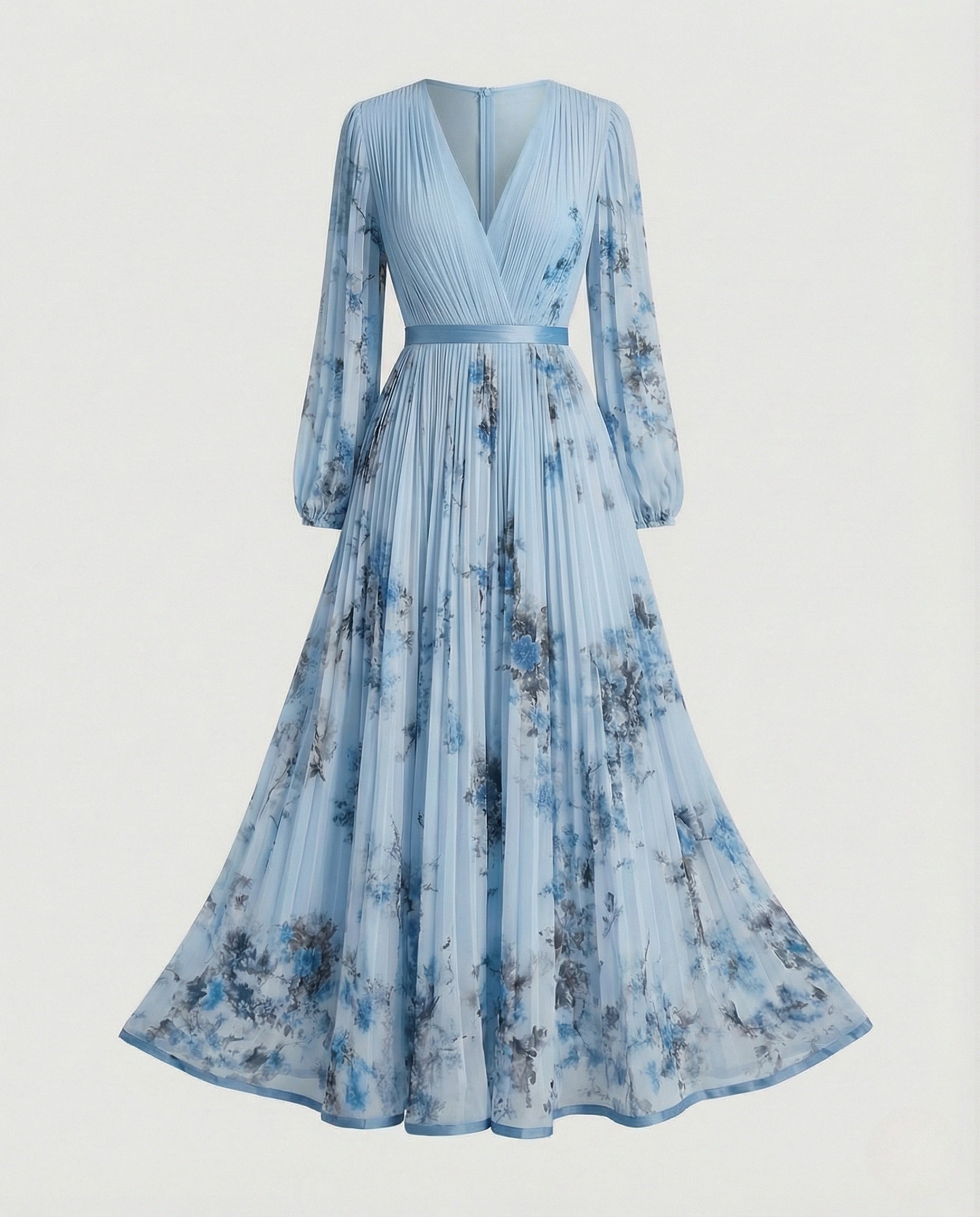 Vestido maxi plisado con manga larga y escote cruzado para mujer - Alwine