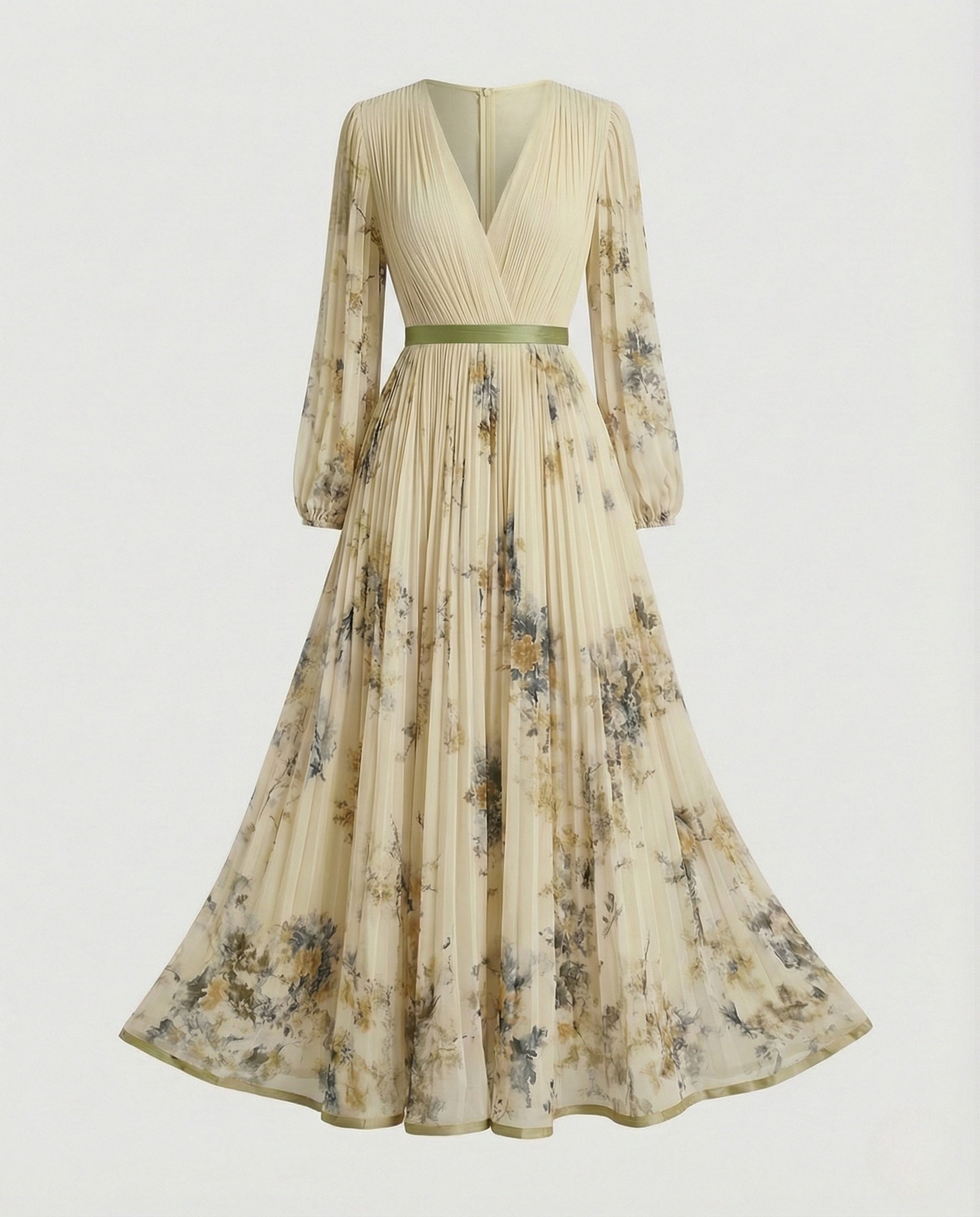 Vestido maxi plisado con manga larga y escote cruzado para mujer - Alwine