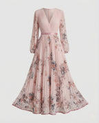 Vestido maxi plisado con manga larga y escote cruzado para mujer - Alwine