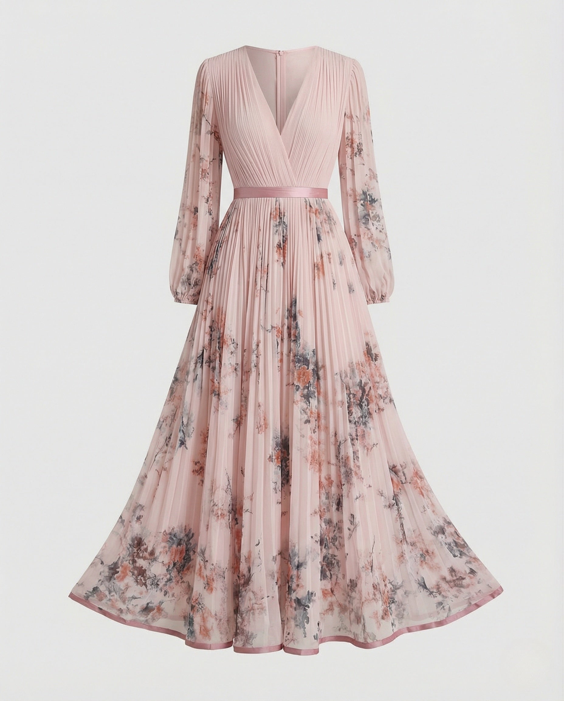 Vestido maxi plisado con manga larga y escote cruzado para mujer - Alwine