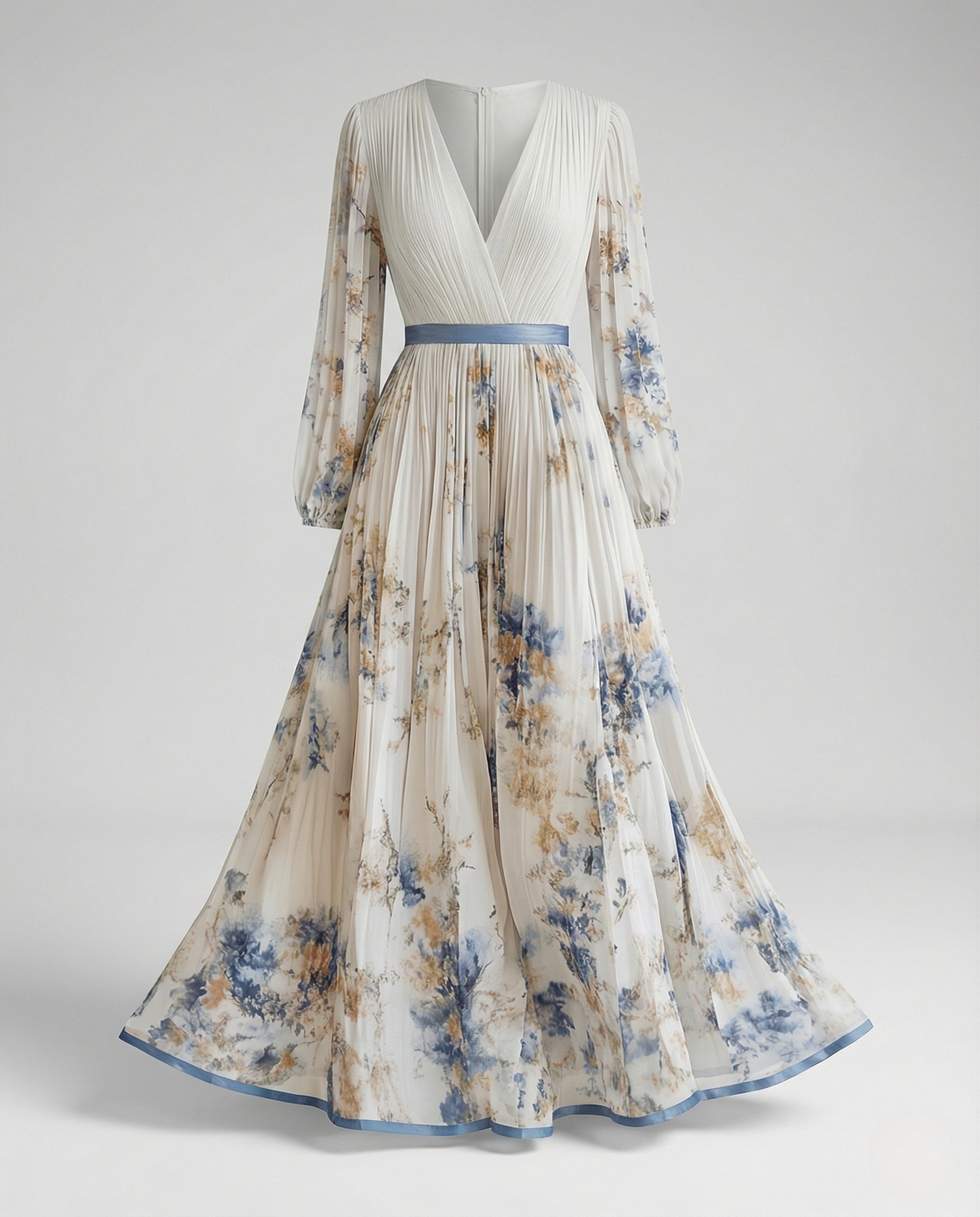 Vestido maxi plisado con manga larga y escote cruzado para mujer - Alwine