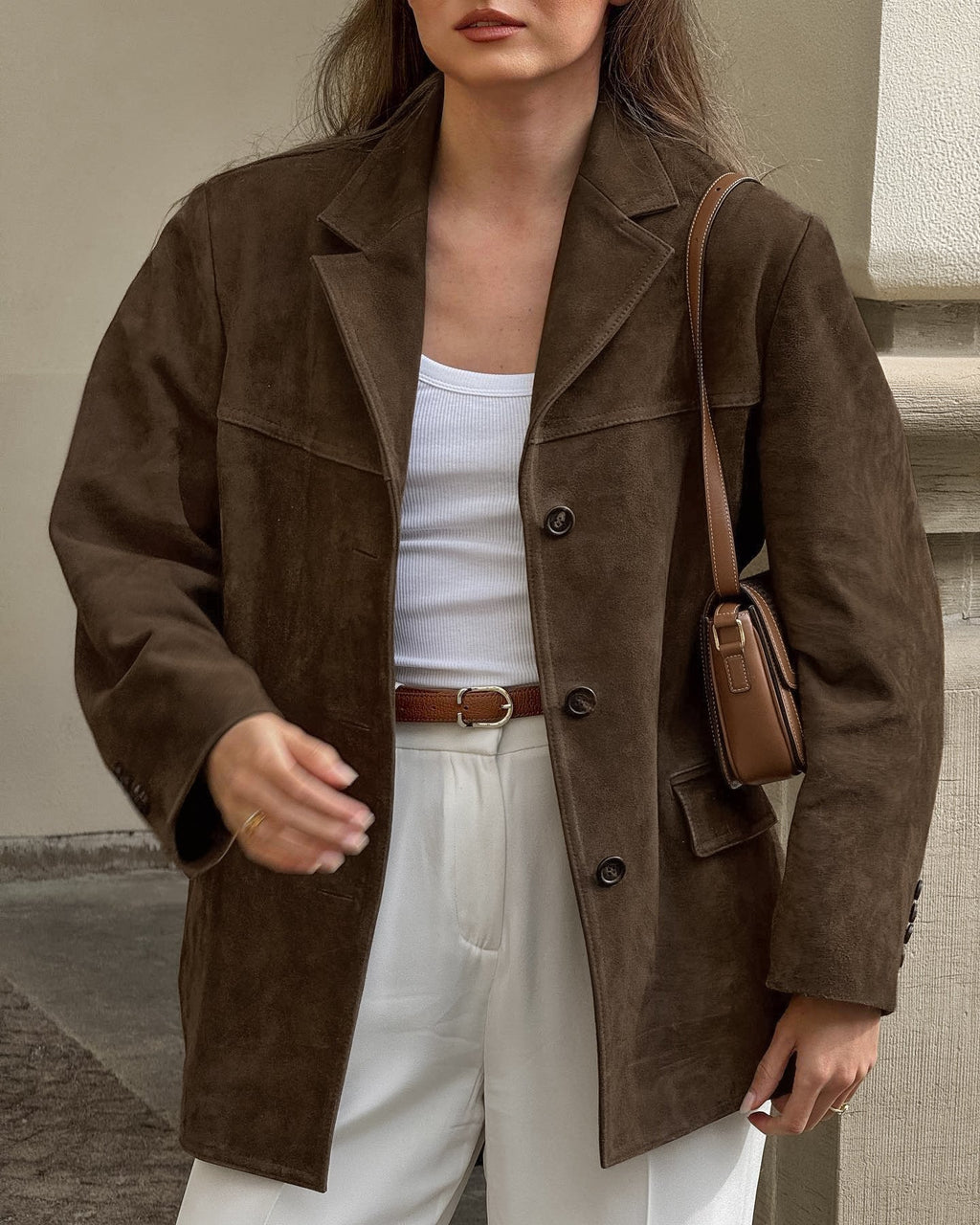 Chaqueta holgada de ante con solapas retro de terciopelo - Loise
