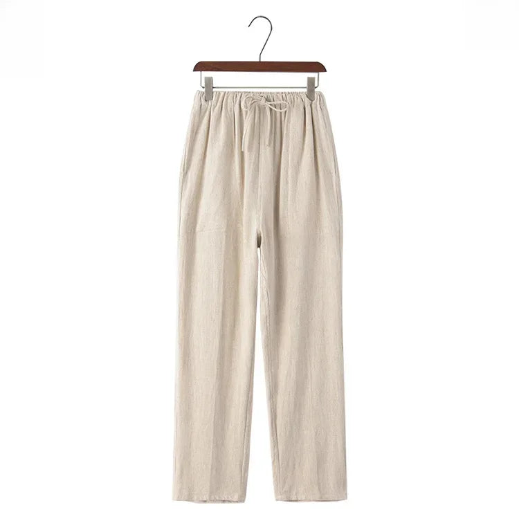 Pantalón ancho de lino con cintura elástica y cordón para mujer - Nerea