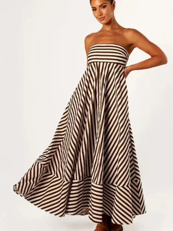 Maxi vestido para mujer con diseño de rayas y escote strapless - Alvera