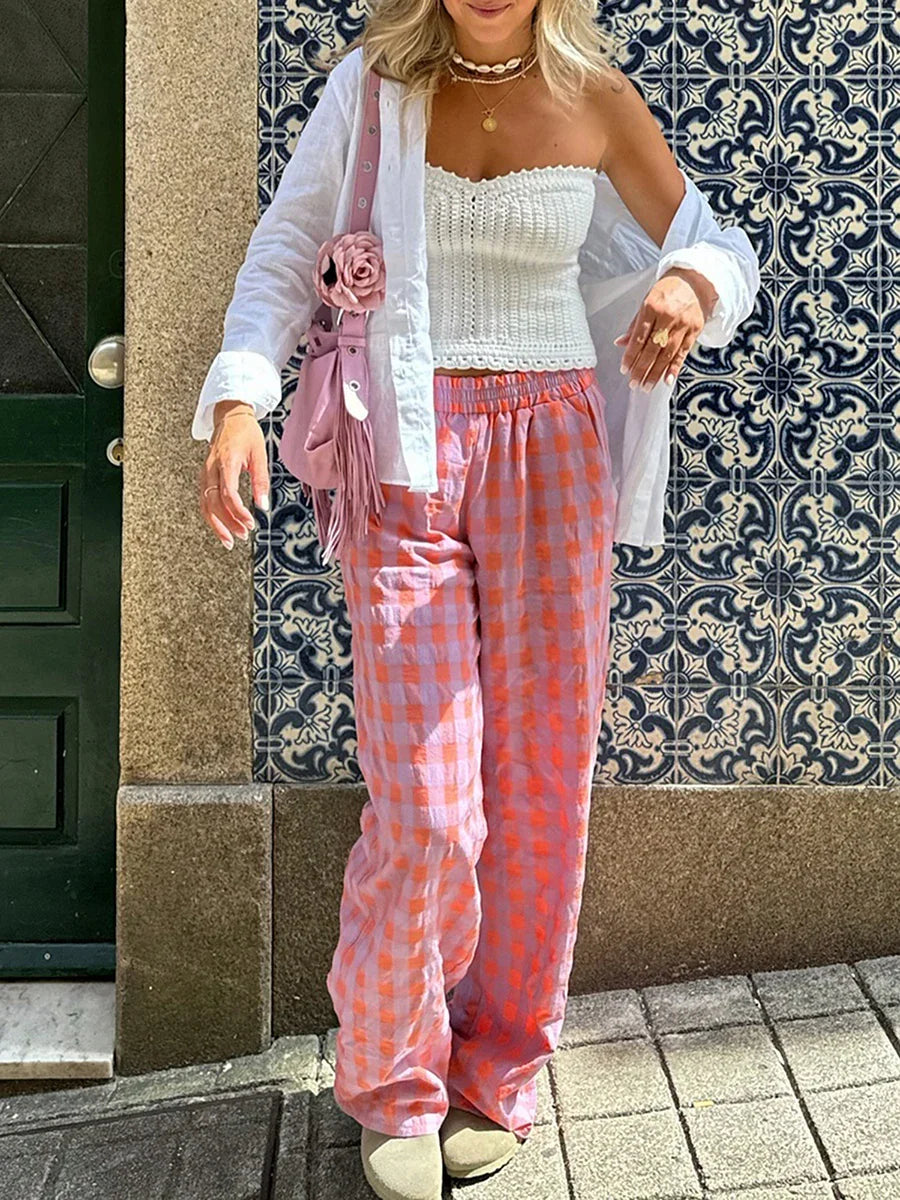Pantalón mujer cuadros tiro alto y pierna recta - Nara