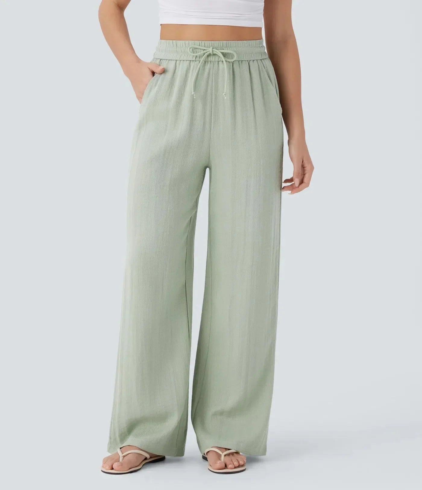 Pantalón ancho de lino con cintura elástica y cordón ajustable para mujer - Brisa