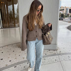 Loana - Chaqueta de punto con cuello en V y botones para mujer