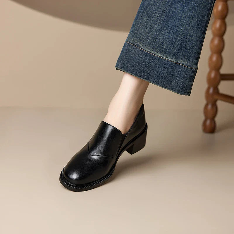 Mocasines de mujer de piel con tacón ancho y punta redonda - Maelle