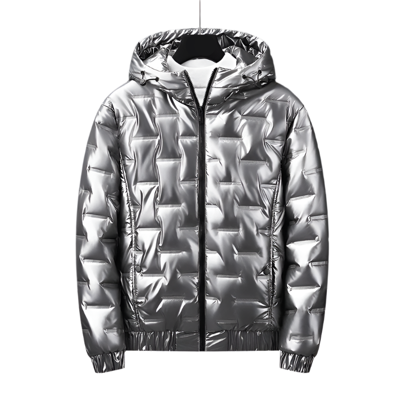Chaqueta acolchada hombre plateada metalizada capucha ligera llamativa moderna - Luuk