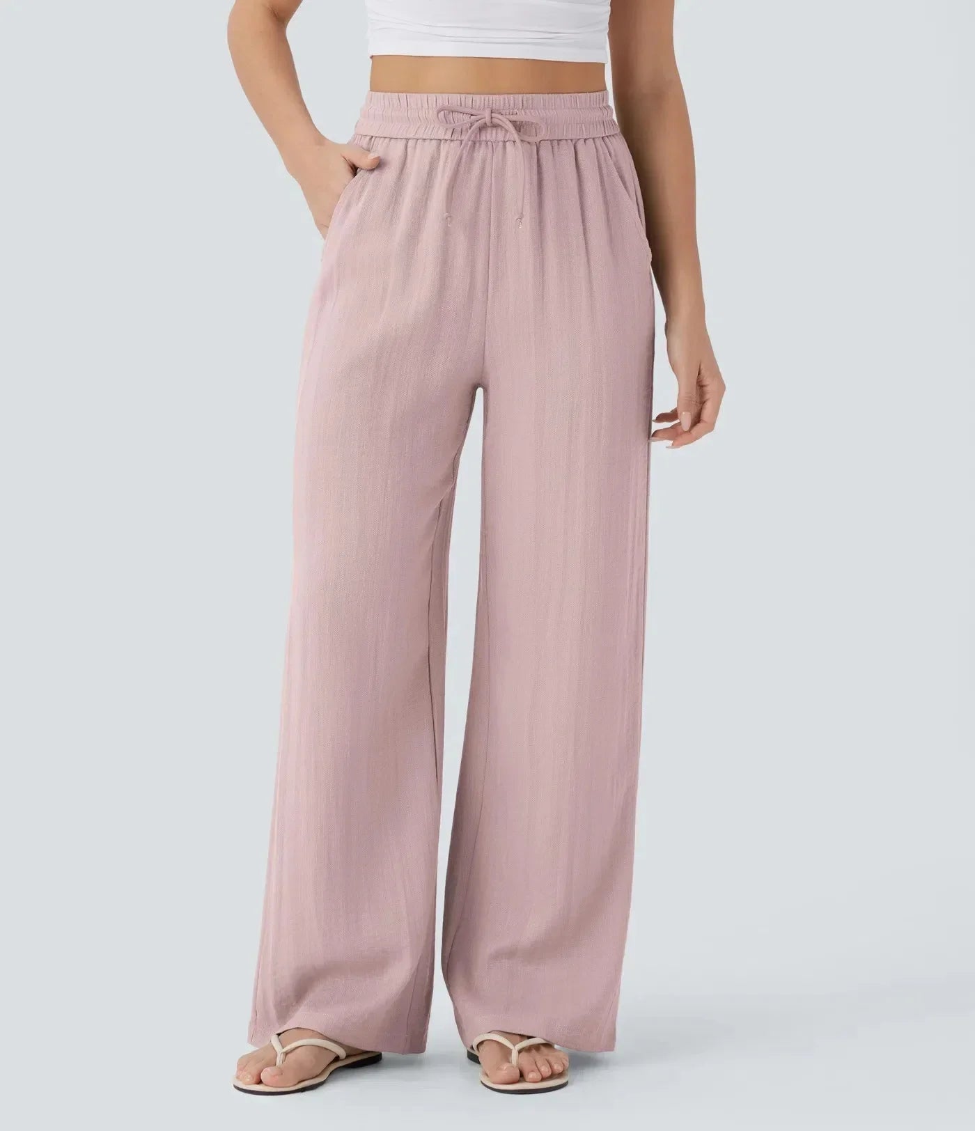 Pantalón ancho de lino con cintura elástica y cordón ajustable para mujer - Brisa