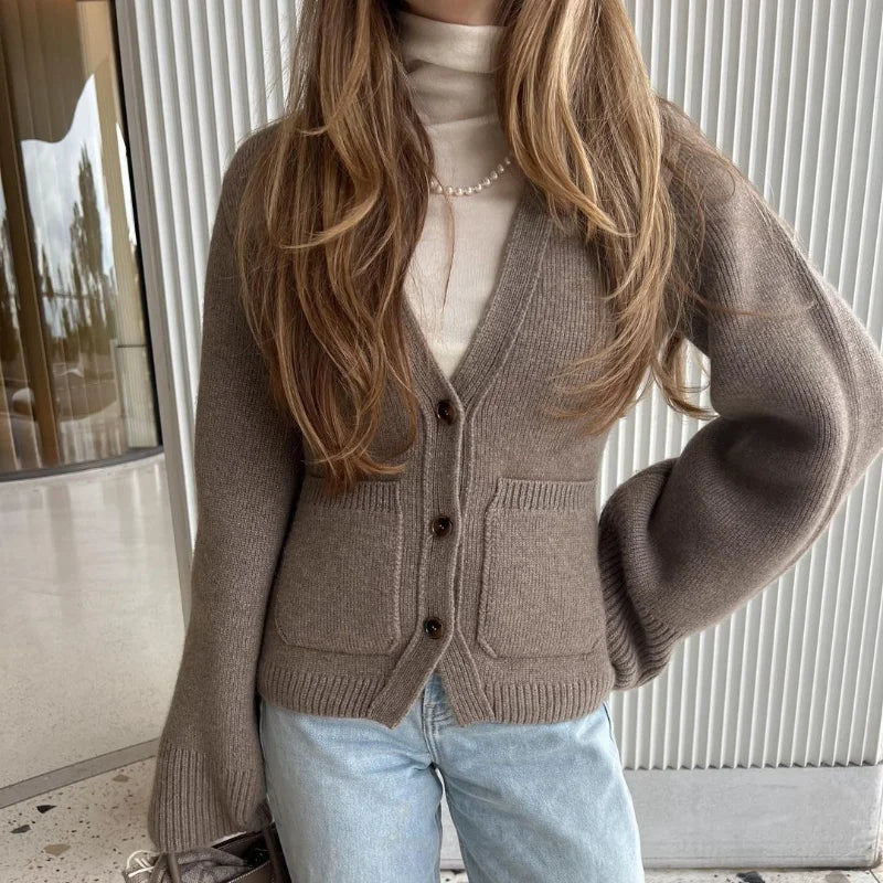 Loana - Chaqueta de punto con cuello en V y botones para mujer