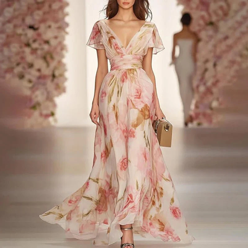 Vestido largo estampado floral con escote en V para mujer - Isabella