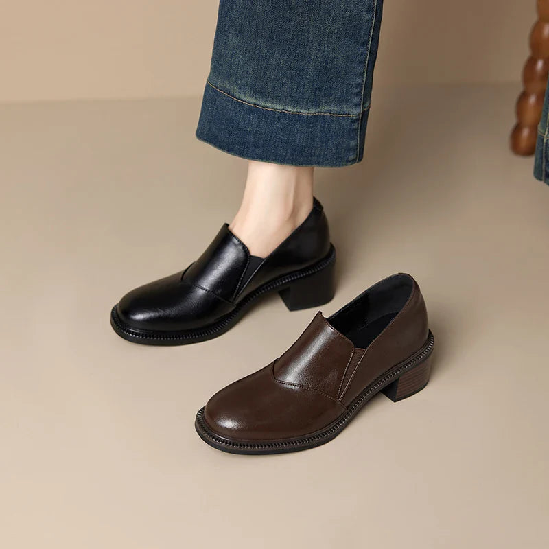Mocasines de mujer de piel con tacón ancho y punta redonda - Maelle