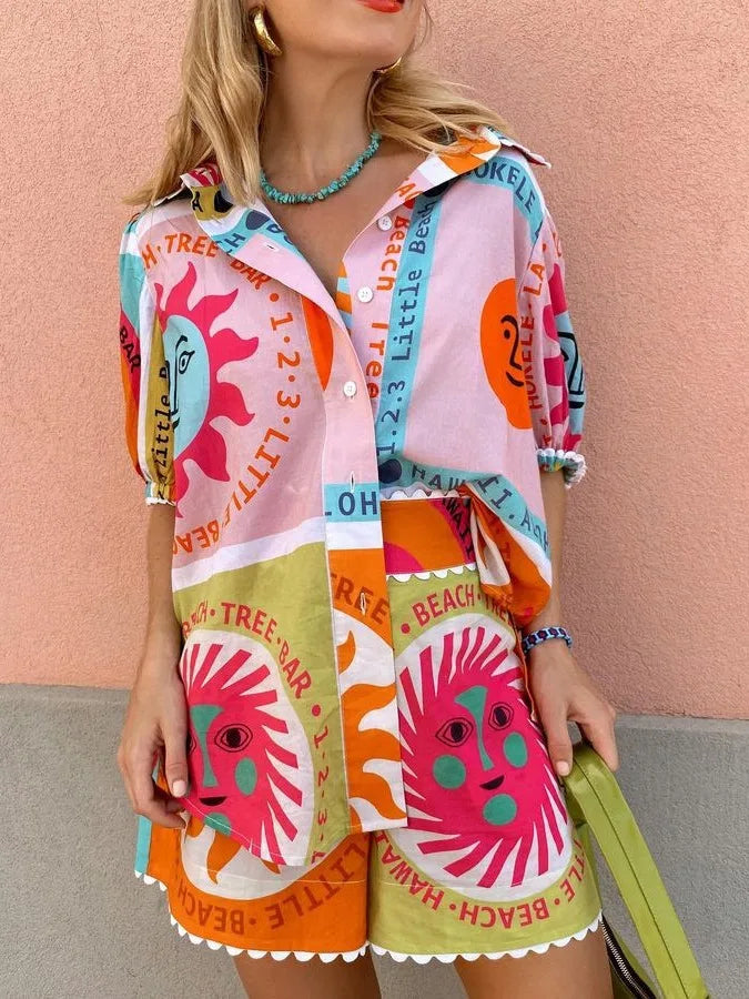 Conjunto estampado de mujer con camisa y shorts elásticos - Mireva