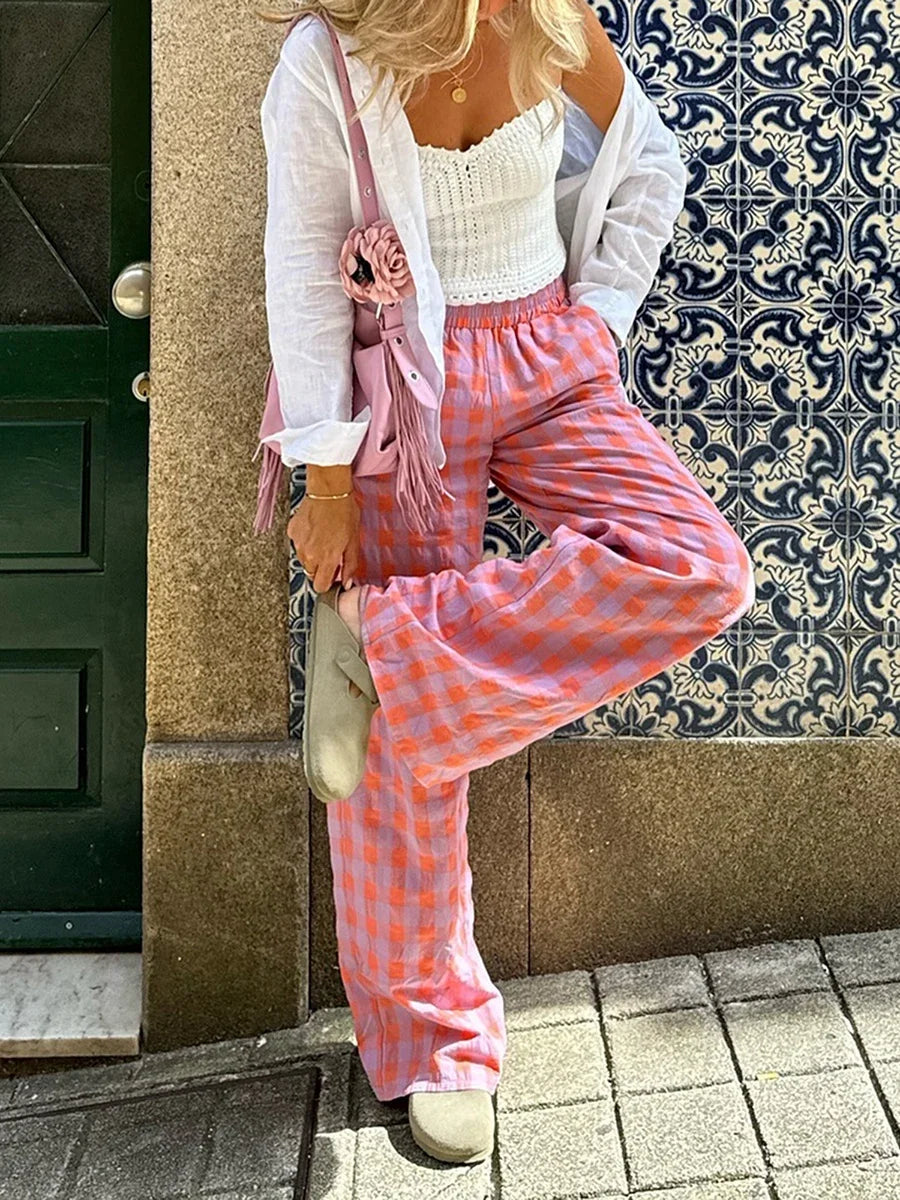 Pantalón mujer cuadros tiro alto y pierna recta - Nara