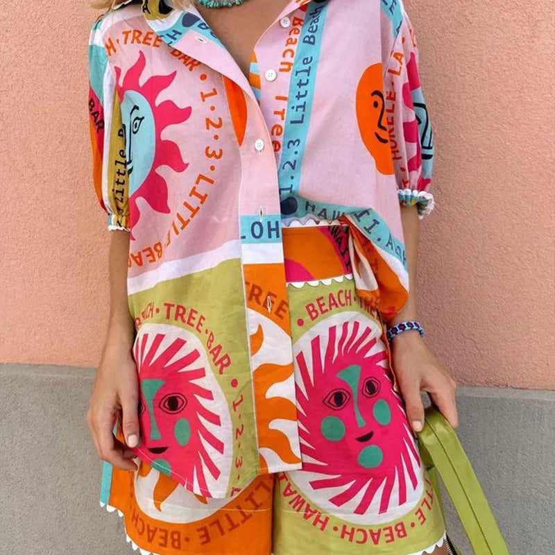 Conjunto estampado de mujer con camisa y shorts elásticos - Mireva