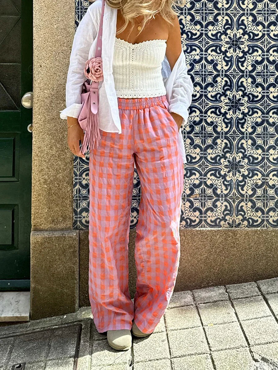 Pantalón mujer cuadros tiro alto y pierna recta - Nara