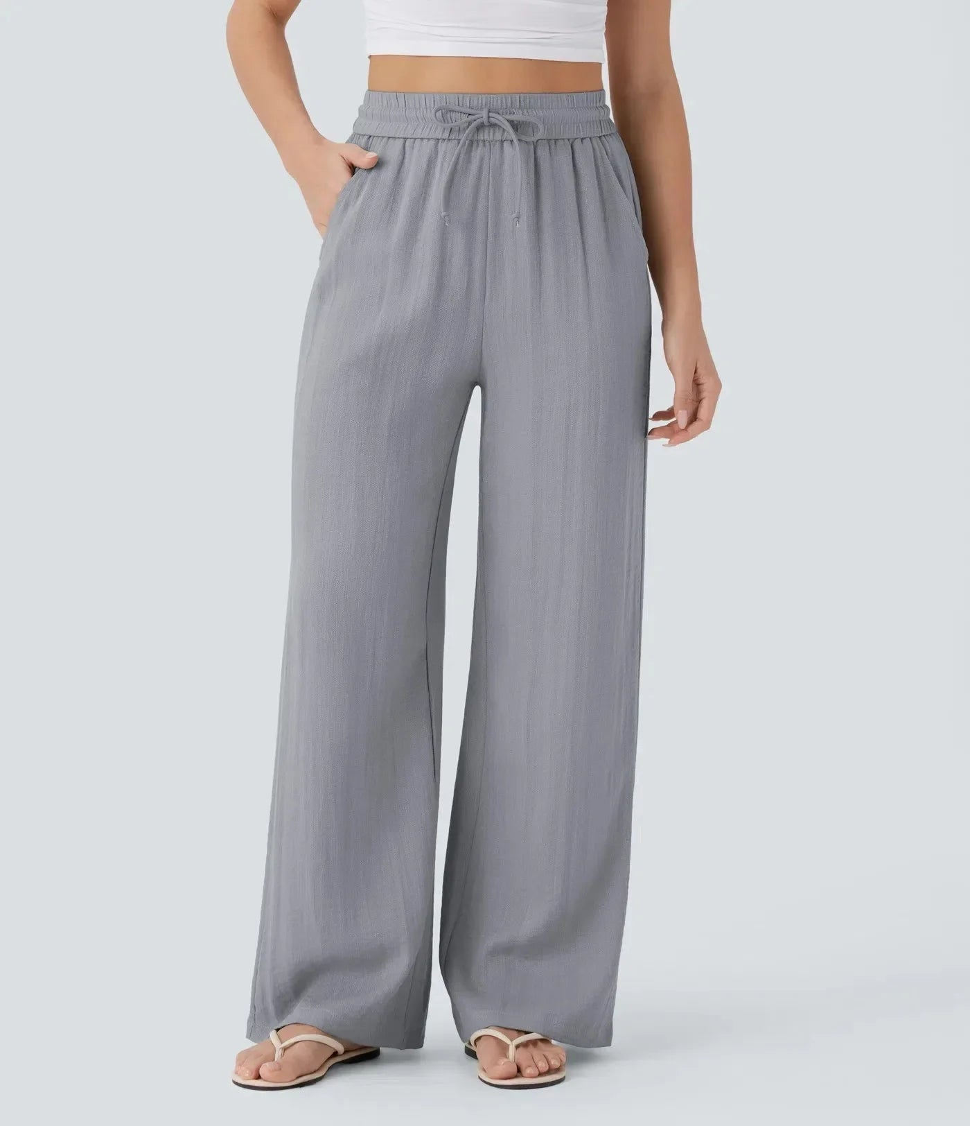 Pantalón ancho de lino con cintura elástica y cordón ajustable para mujer - Brisa