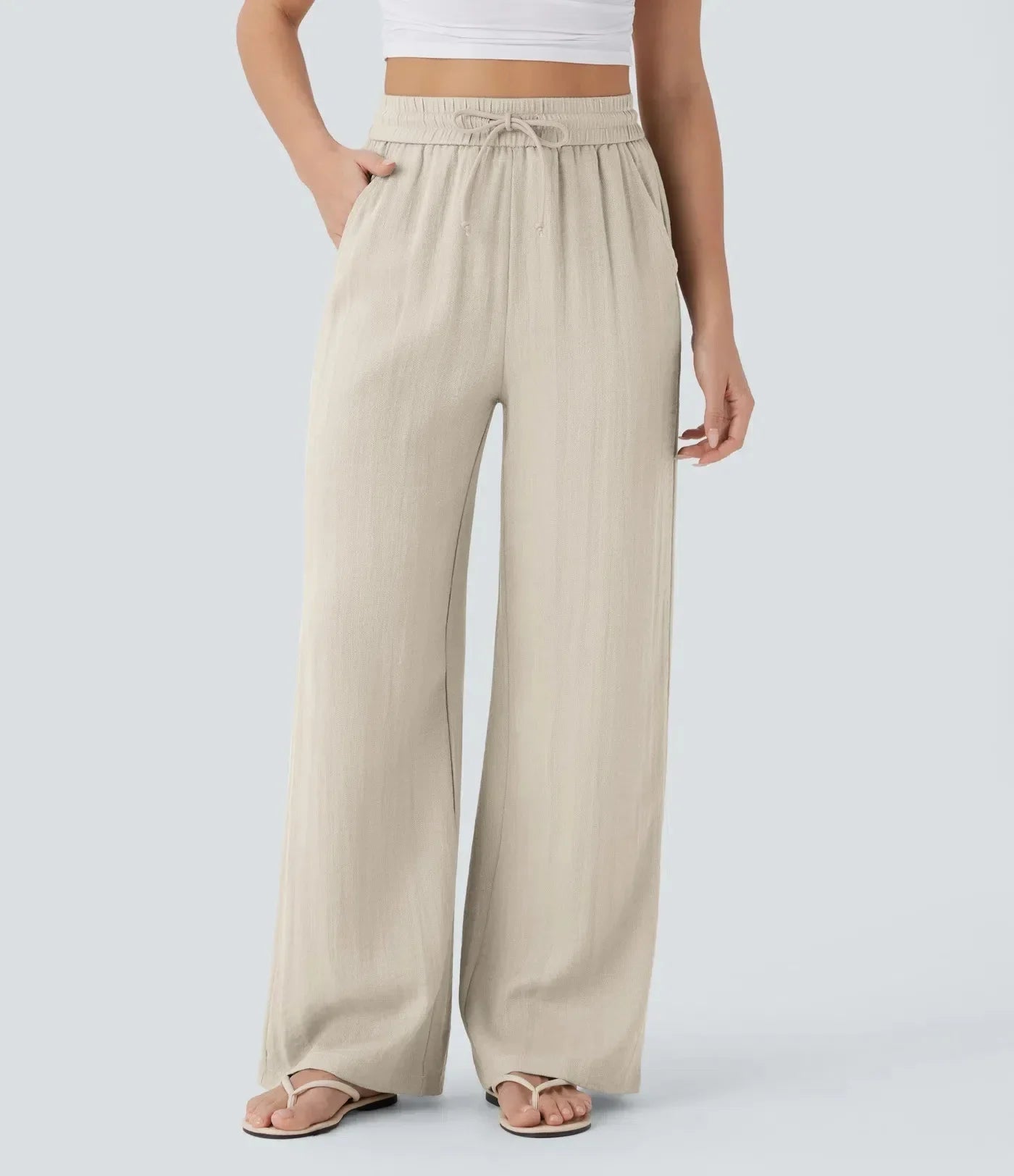 Pantalón ancho de lino con cintura elástica y cordón ajustable para mujer - Brisa