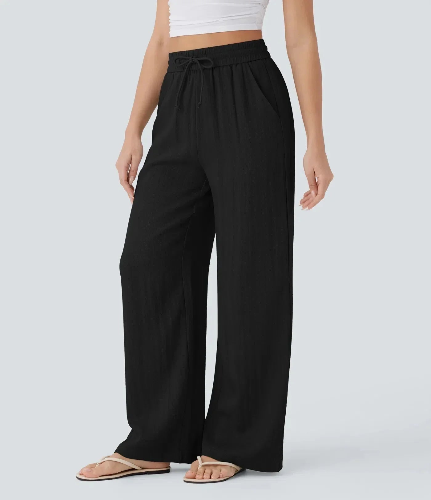 Pantalón ancho de lino con cintura elástica y cordón ajustable para mujer - Brisa