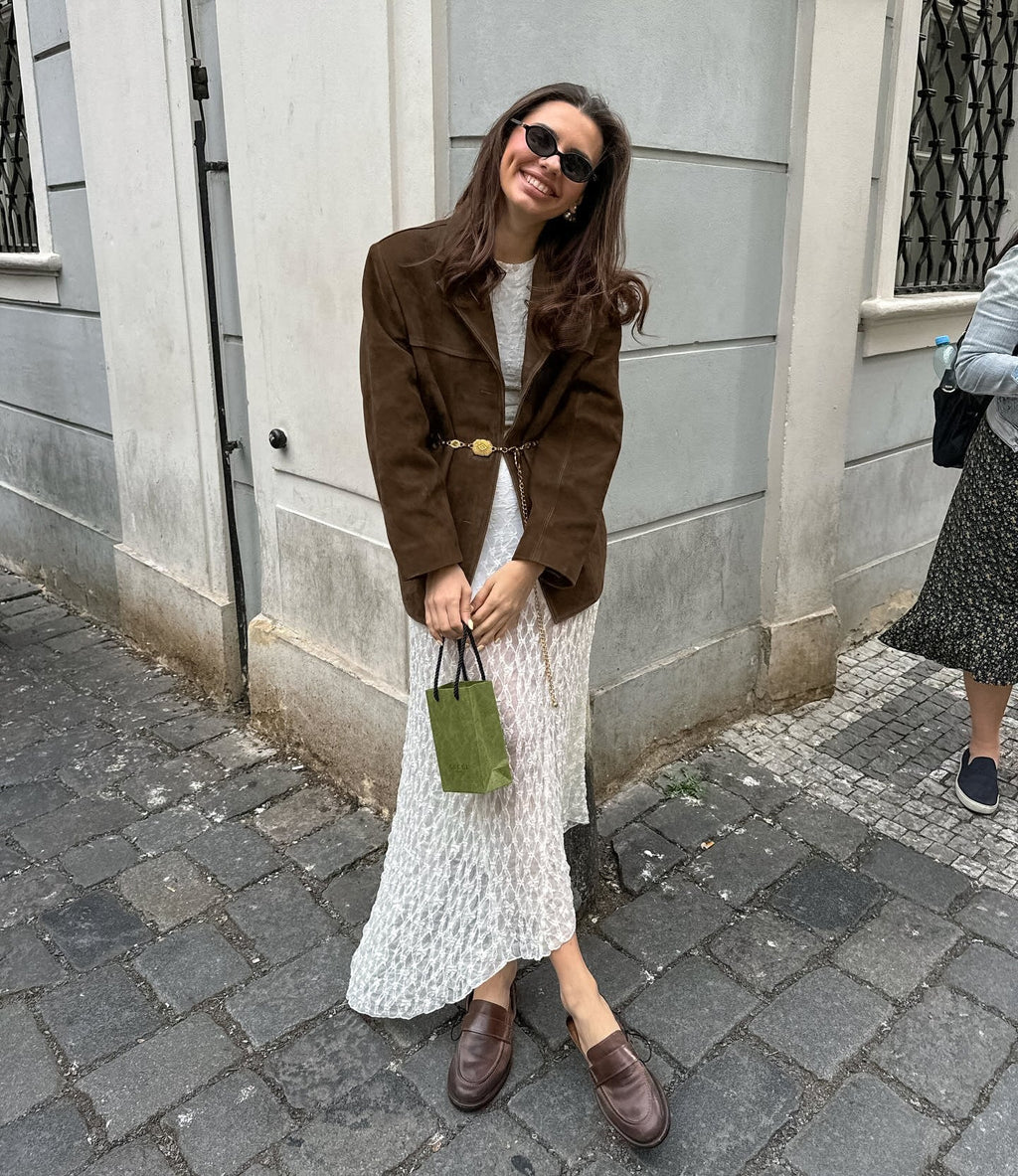 Chaqueta holgada de ante con solapas retro de terciopelo - Loise