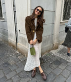 Chaqueta holgada de ante con solapas retro de terciopelo - Loise
