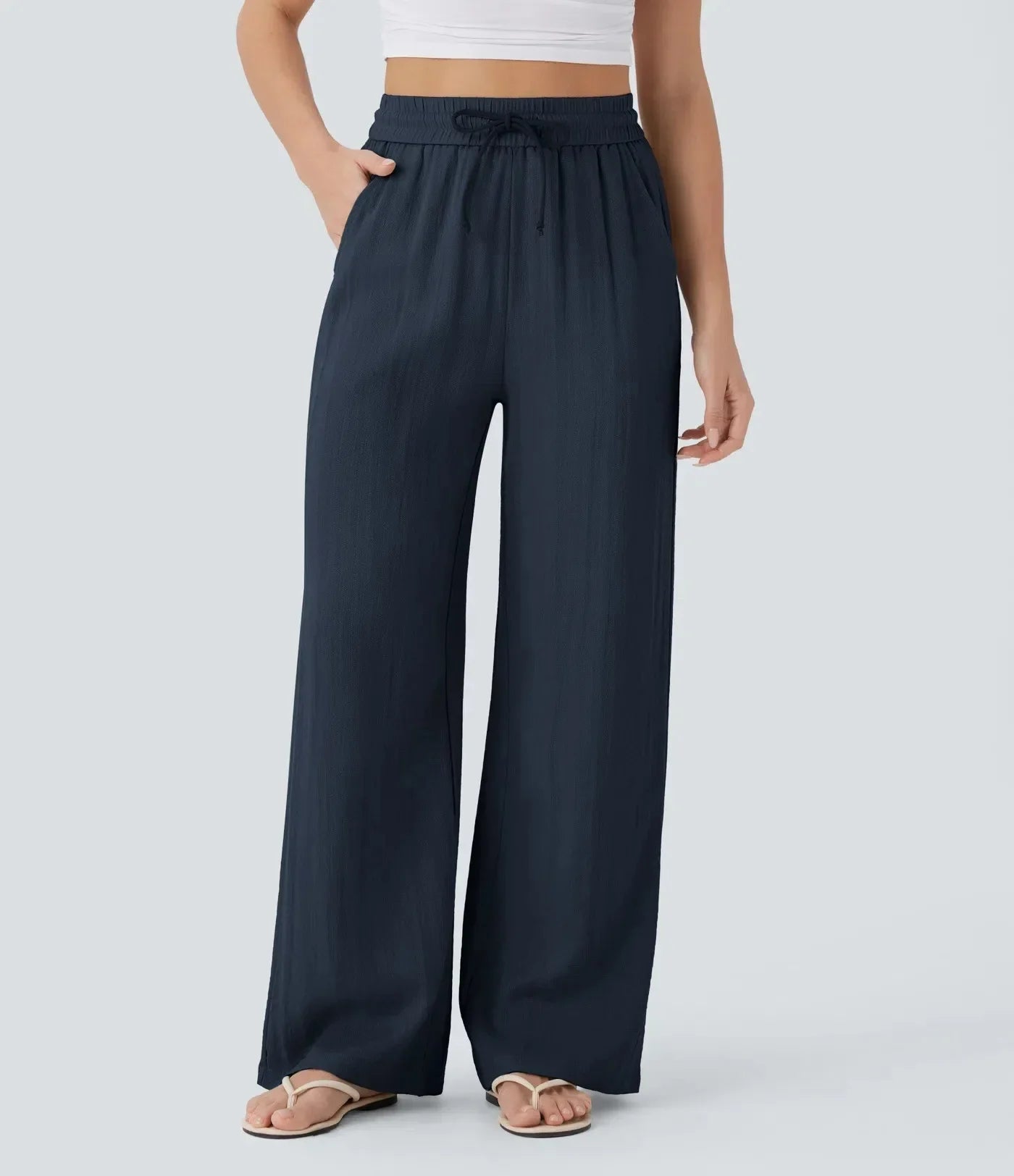 Pantalón ancho de lino con cintura elástica y cordón ajustable para mujer - Brisa