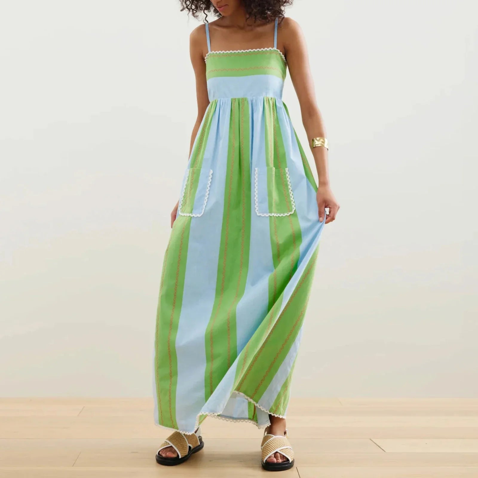 Maxi vestido para mujer con tirantes finos y diseño de rayas - Liora
