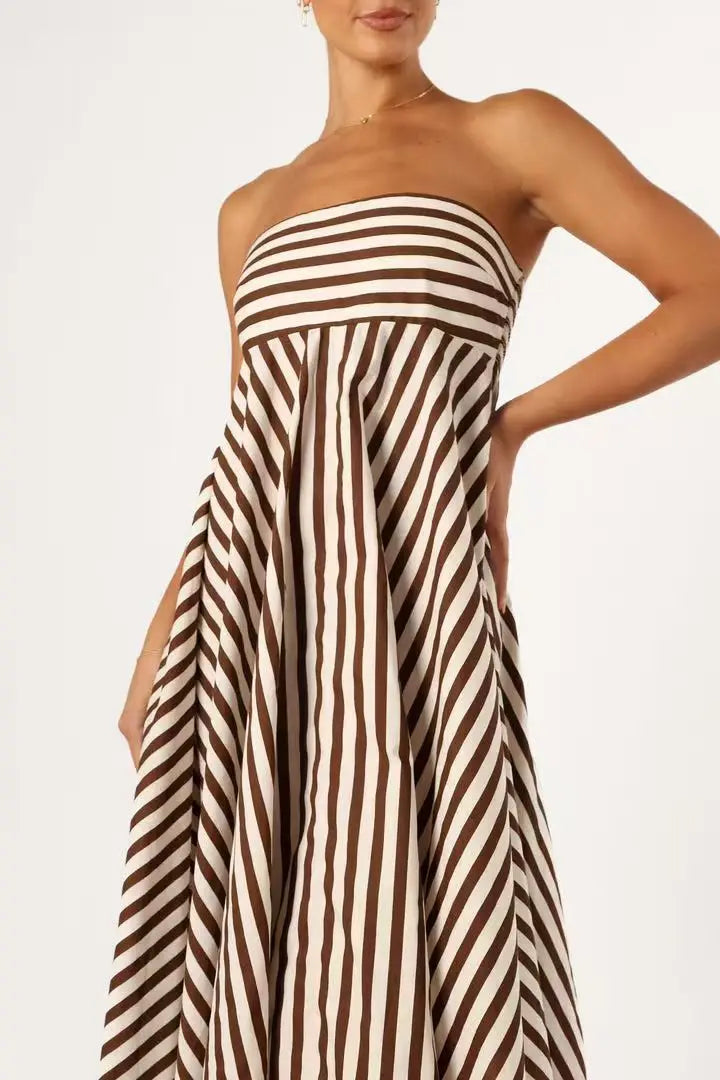 Maxi vestido para mujer con diseño de rayas y escote strapless - Alvera